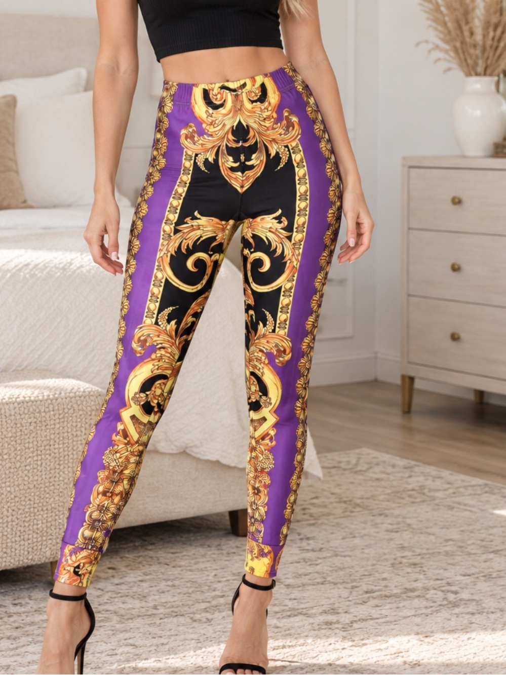 Versace Purple, Black and Gold Baroque High-Waist Leggings
